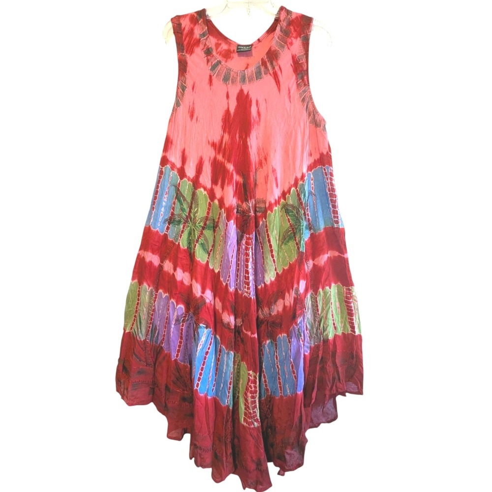 Sakkas Tie Dye Handkerchief Hem Cotton Boho Midi Sundress Red Multi One Size